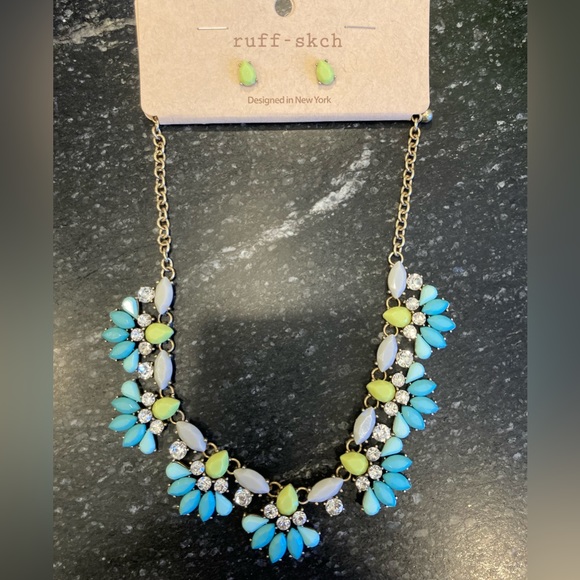 Ruff-skch Statement Necklace 19” adjustable Turquoise Lime Blue w/ earrings - Picture 3 of 6